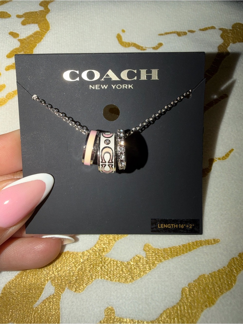 COACH Pink Enamel & Silver Crystal Ring Charm Necklace